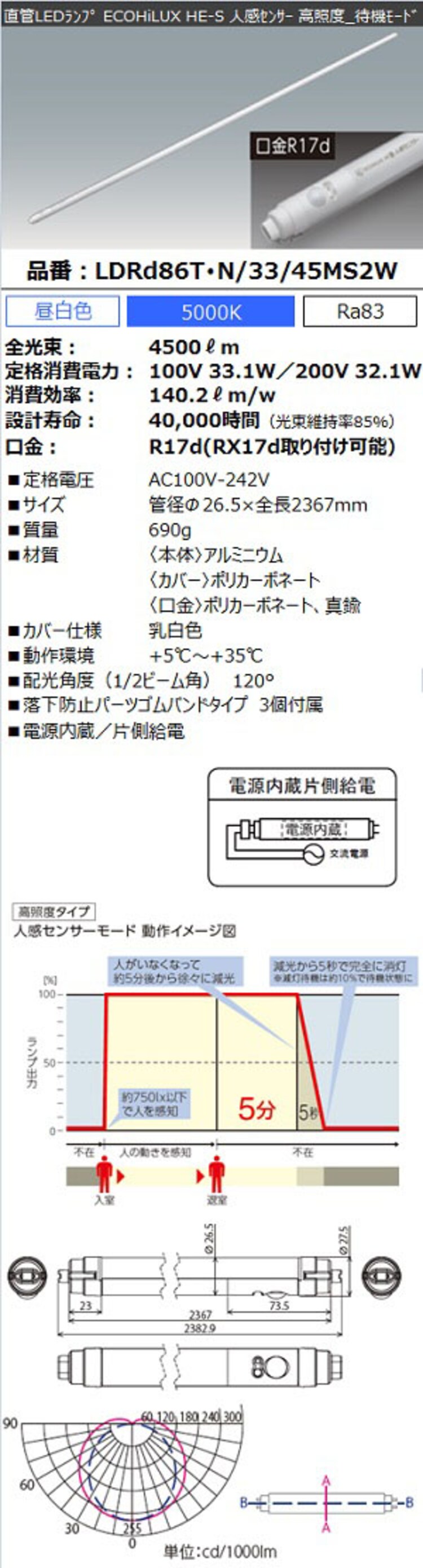 直管LEDランプ ECOHiLUX HE-S人感センサー 86形 4500lm LDRd86T・N/33/45MS2W