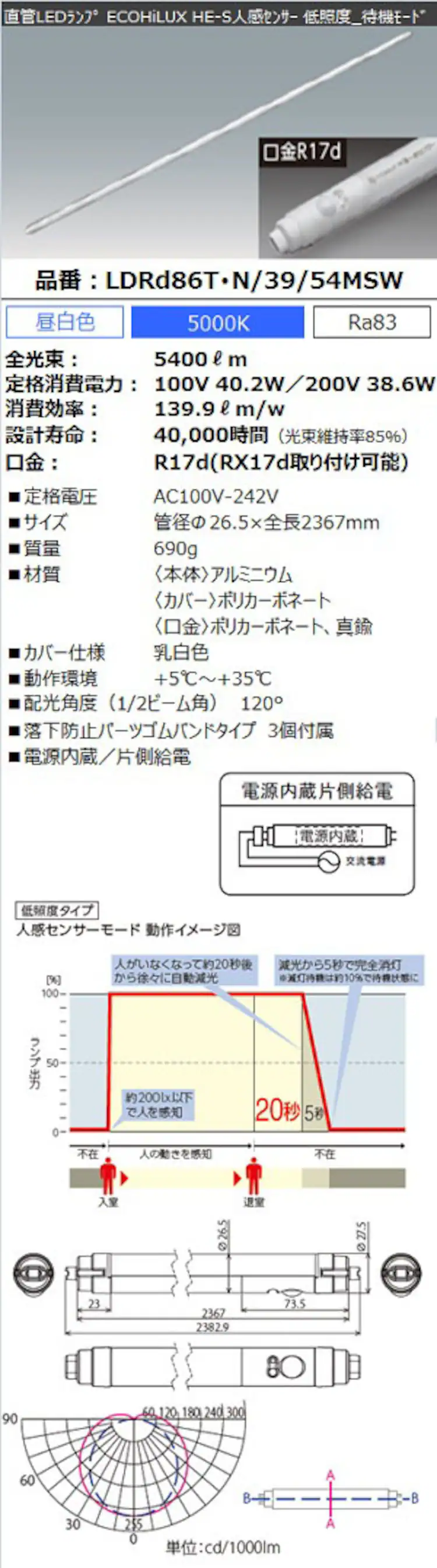 直管LEDランプ ECOHiLUX HE-S人感センサー 86形 5400lm LDRd86T・N/39/54MSW